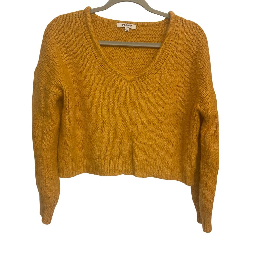 Madewell Mustard Yellow Alpaca Wool Blend Cropped Long Sleeve V neck Sweater M